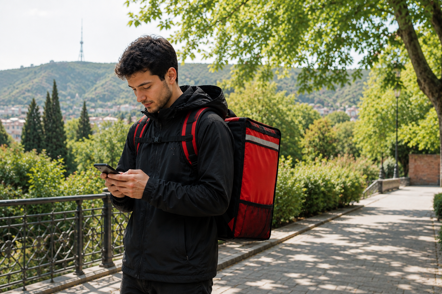 Courier checking a delivery app on a city street